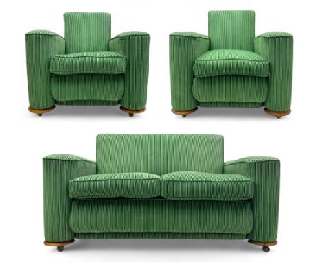 Early 20th century Art Deco two-seat sofa, upholstered in green corduroy fabric with rounded armrests over deep seat, raised 