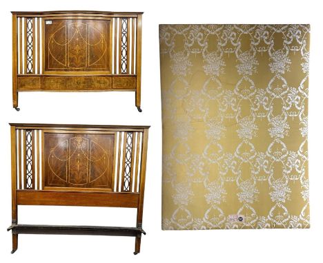 Edwardian mahogany double bedstead, the headboard with central book-matched mahogany panel, decorated with satinwood inlaid s