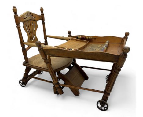 Late 19th century American oak child's metamorphic high chair and play table, carved spindle backrest with pierced splat, det