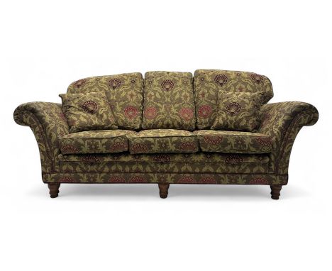 Steed Upholstery - hardwood-framed three-seat sofa, traditional shaped with rolled arms, upholstered in fabric decorated with