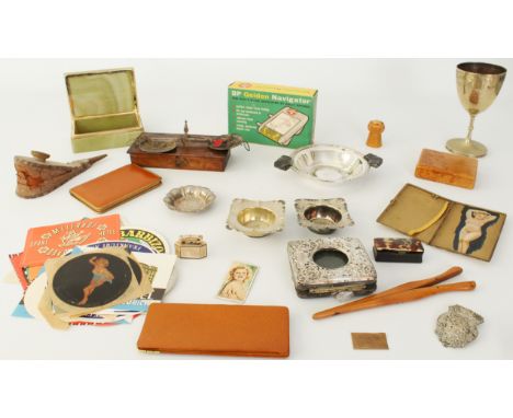A tray of collectables - including a risqu&eacute; cream painted cigarette case, the interior with a hand painted female nude