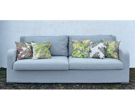 Maze Living 3 seater, outdoor sofa, light grey + 5 tropical patterned cushions, 230cmW x 82cmH x 90cmD Condition: No visible 