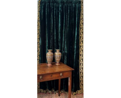 A pair of handmade bottle green, antique style velvet curtains with matching covered pelmet; lined and interlined, with match