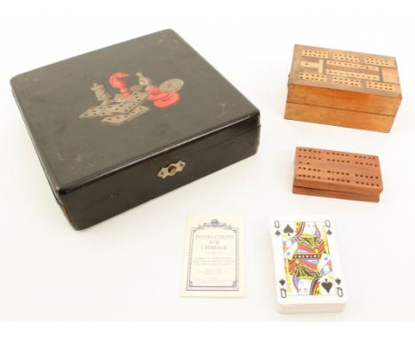 Chess, draughts dominoes and cribbage: 1.&nbsp;An early 20th century lacquered and painted games compendium - probably French