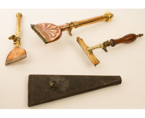 Four antique horse mane singeing tools - one spirit-fired, in copper and brass by T. E. Bladon &amp; Son Ltd. of Birmingham, 