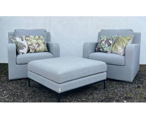 Maze Living outdoor chairs x 2, upholstered in light grey, together with matching outdoor pouffe with black metal frame and l