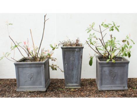 A pair of faux lead square-section planters and a matching vertical planter (3)