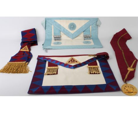 Two freemason's aprons and associated regalia: 1. 3° Craft Master Mason apron 2. Royal Arch Principal apron and sash, and a P