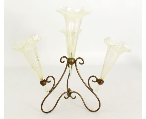 A vaseline glass and silver plated table centrepiece or epergne - early 20th century, with four trumpet shaped, fluted vases 