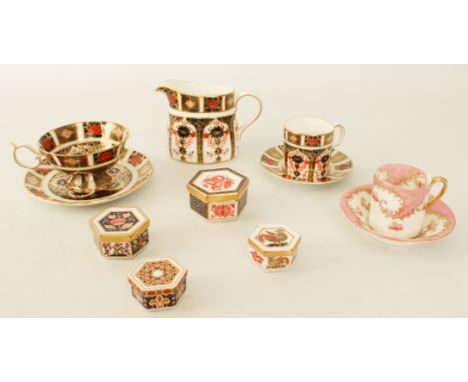 A small collection of Royal Crown Derby Old Imari 1128 pattern - comprising a milk jug, 9.6 cm high; a teacup and saucer, the