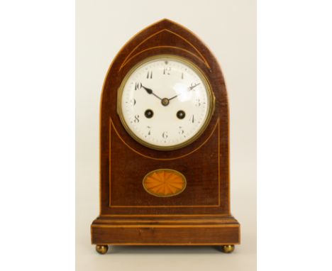 An Edwardian fiddleback mahogany and marquetry mantel clock - with half hour striking, eight day brass movement signed by J. 