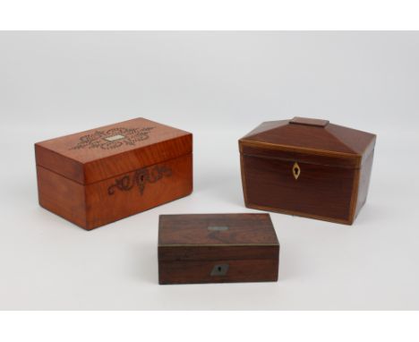 Three 19th century boxes - comprising a mid-19th century satinwood jewellery box with hobnail scroll work decoration and pale
