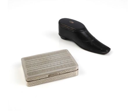 A 19th century snuff box in the shape of a shoe and a sterling silver snuff box (marked ST silver) (2)