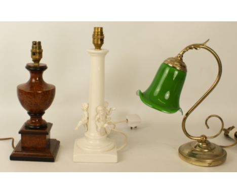 A 19th century style faux burr wood table lamp - labelled 'Snowdon Mahogany' to base, 31 cm high; together with a green and w