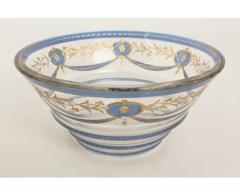 A late Victorian or Edwardian intaglio-cut blue and parcel-gilt glass bowl - possibly by Stevens &amp; Williams, of stepped, 