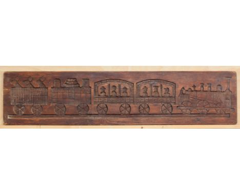 A vintage stained pine panel or mould carved in counter-relief with a steam train - 'Etna', with two coaches and two wagons, 