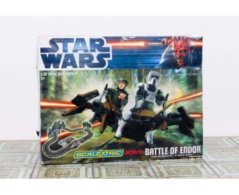 A boxed Star Wars Scalextric Start Battle of Endor set - 1/32 scale, used, appears complete and in good condition.