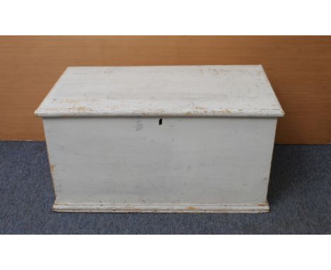 A late 19th century painted pine trunk: the hinged lid on strap hinges, with iron side-handles, on a plinth base, 91 x 48.5cm