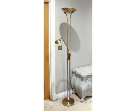 Two adjustable reading lamps with uplighters - by Searchlight Electric Ltd., one in brushed brass finish, the other brushed s