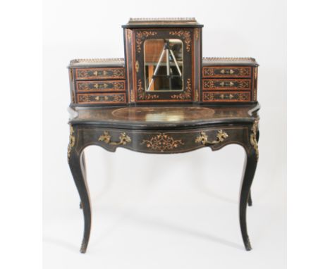 A late 19th century French Louis XVI style ebonised, burr walnut and gilt-metal bonheur du jour - the raised back with centra