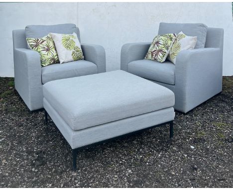 Maze Living outdoor chairs x 2, upholstered in light grey, together with matching outdoor pouffe with black metal frame and l