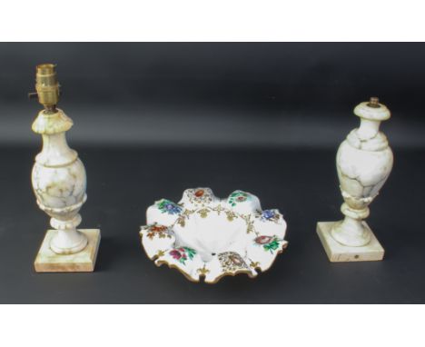 Two carved marble table lamps - second half 20th century, baluster form with foliate carved foliate mounts to the waisted soc