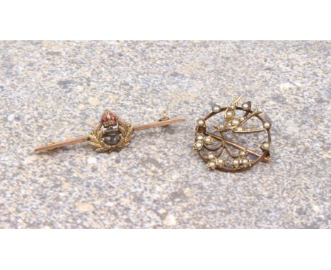 A 1920s 9ct rose gold and seed pearl swallow brooch - marked '9CT', 22mm diameter; together with a 9ct rose gold, silver and 