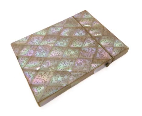 A 19th century mother of pearl card case - the rectangular, diamond veneered case with engraved with alternate flowers and se