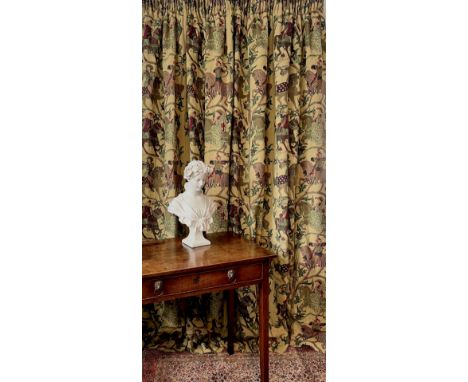 A pair of handmade, lined and interlined curtains, with matching lambrequin style, trimmed, covered pelmet board: Curtains: m