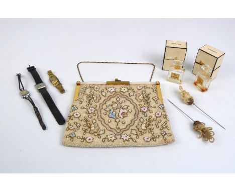 A vintage 1950s floral beadwork evening bag - with gilt brass and faux-mother of pearl frame, pale gold silk lining, gilt met