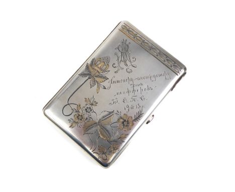 A Russian silver cigarette case with inscription and trailing flowers and leaves, dated 1915 (blue stone to opening button da