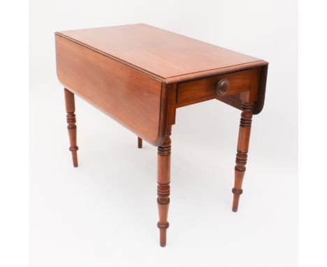 A Victorian mahogany Pembroke table - the moulded top over a single end drawer, raised on ring turned supports with toupie fe