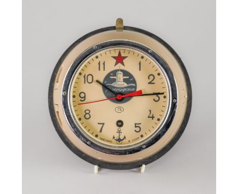 A SOVIET SUBMARINE RED STAR WALL TIMEPIECECirca 1960In a slightly tapering grey-painted metal casing with nickel-fronted beze