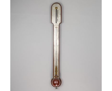 A GEORGE III MAHOGANY STICK BAROMETERBy George Burton, LondonThe arched top above silvered two-piece scales, the barometer di