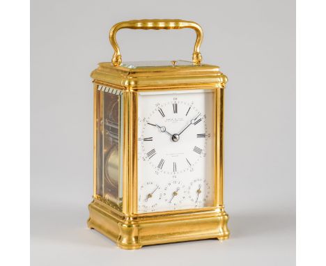 A GOOD GILT BRASS GRANDE SONNERIE STRIKING AND REPEATING GORGE CASE CALENDAR CARRIAGE CLOCKBy Drocourt, No. 11052, Retailed b