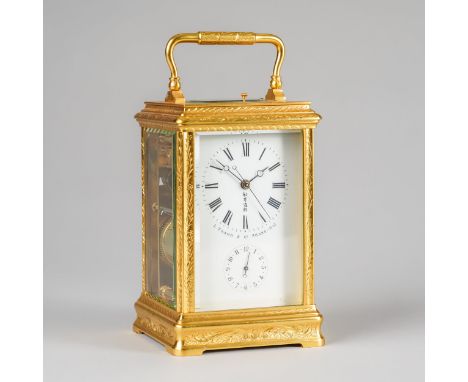 A FRENCH ENGRAVED GILT BRASS STRIKING AND REPEATING CARRIAGE CLOCK WITH ALARM FOR THE CHINESE MARKETRetailed by L. Vrard & Co