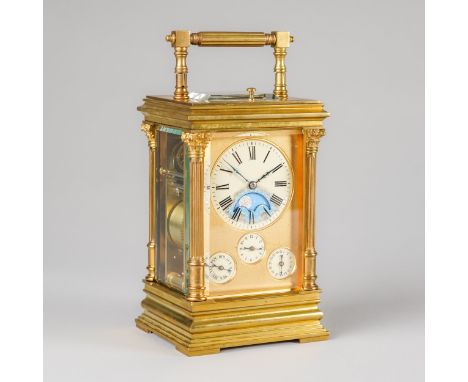 A RARE FRENCH GILT BRASS MOONPHASE, CALENDAR, GRANDE SONNERIE STRIKING AND REPEATING CARRIAGE CLOCKNo. 1656, Circa 1900The An