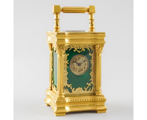 A FRENCH GILT BRASS AND GREEN CHAMPLEVÉ ENAMEL MINIATURE CARRIAGE TIMEPIECERetailed by A. Magnin, Alexandria, No 9788, circa 