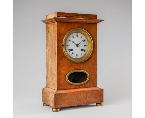 A SWISS FRUITWOOD QUARTER STRIKING MANTEL CLOCKMid 19th CenturyThe rectangular case with a stepped pediment above engine-turn