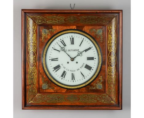 A NAPOLEON III ROSEWOOD AND CUT BRASS-INLAID WALL CLOCKBy C. Detouche, Paris, circa 1865Of square form, with a glazed panel a