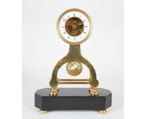 A FRENCH BRASS AND MARBLE SKELETON CLOCK19th CenturyWith inverted U-shaped frame, supporting the 5in white enamel dial with e
