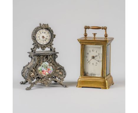 A VIENNESE STYLE ENAMEL AND SILVERED METAL MINIATURE TIMEPIECE AND A BRASS CARRIAGE ALARM TIMEPIECE (2)Late 19th centuryOf sh