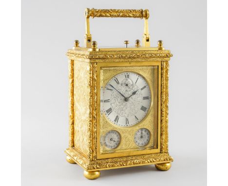 AN ENGLISH ENGRAVED GILT BRASS STRIKING AND REPEATING CHRONOMETER CARRIAGE CLOCK WITH CALENDARThe platform escapement signed 