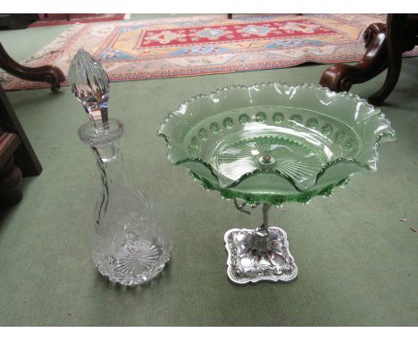 An early to mid 20th Century bowl with cupid support and crystal glass decanter  