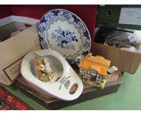 A bygone "Boots" "IDEAL" bed and douche slipper pan, a Wedgwood blue and white charger and a Leonardo Collection novelty teap