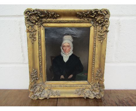 A 19th Century English School portrait of elderly lady wearing a bonnet and black dress, oil on canvas, relined gilt frame, 2