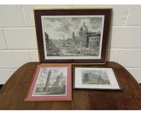 Three 19th Century etchings including "The Palace Hotel, Buckingham Gate, Colonua Trajana" and "Veduta di Piazza"