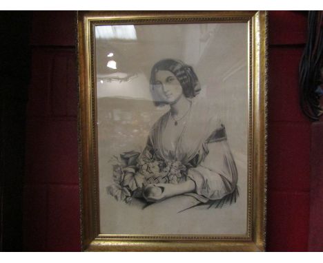 A pencil sketch depicting a young early Victorian maiden with basket of fruit, drawn by D.J. Walsham, dated July 9th 1849, gi