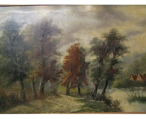 R. HEYWOOD: A gilt framed painting of a woodland scene, signed lower right, 50cm x 75cm
