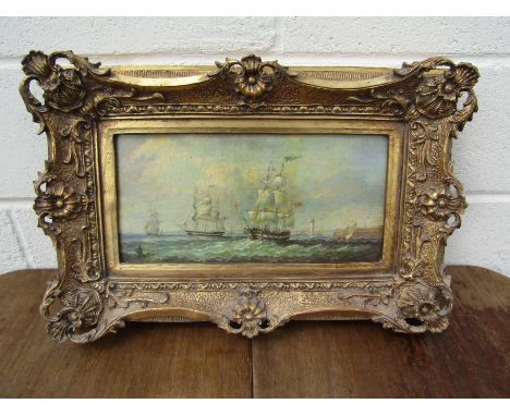 A modern oleograph print of ships in gilt frame, 19cm x 39cm 